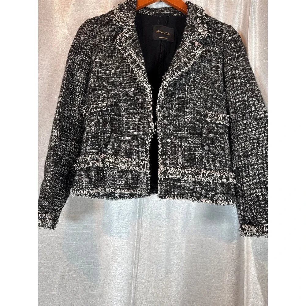 Massimo Dutti Tweed Cropped Blazer Jacket Black White Fringe Women US‎ 4 EUR 36